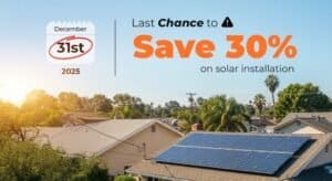 Residential home with solar panels and a promotional solar savings offer.