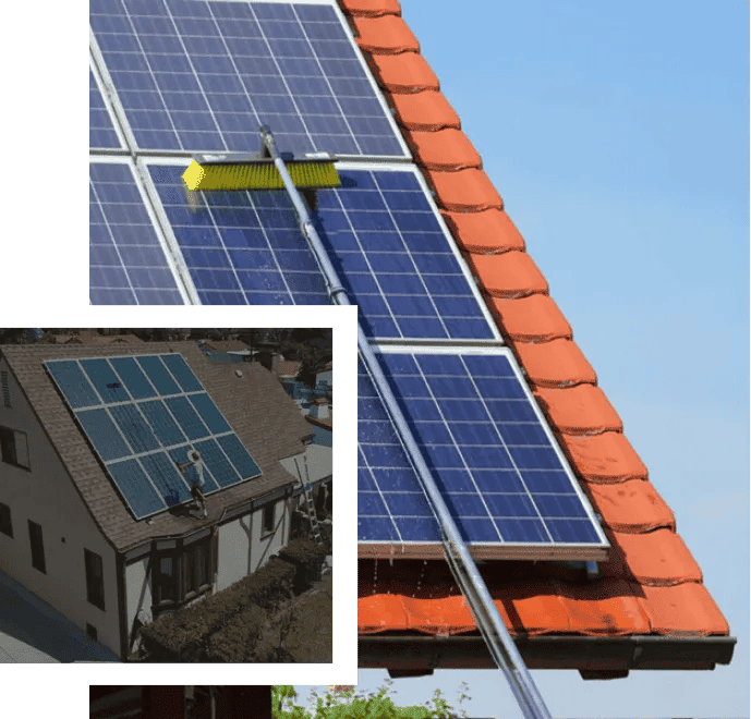 Solar panel roof cleaning process with a squeegee on blue solar panels.