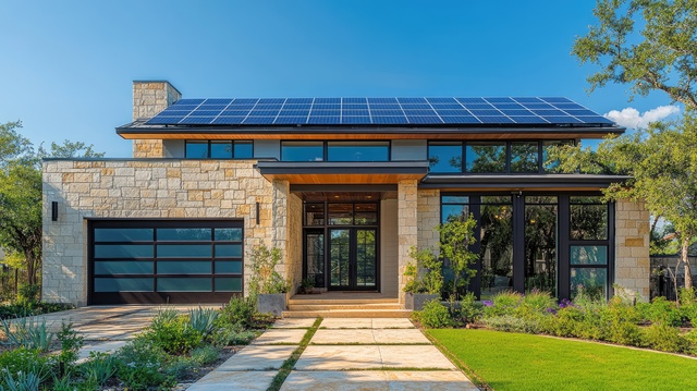 Modern Sustainable Home With Solar Panels Generating Green Energy